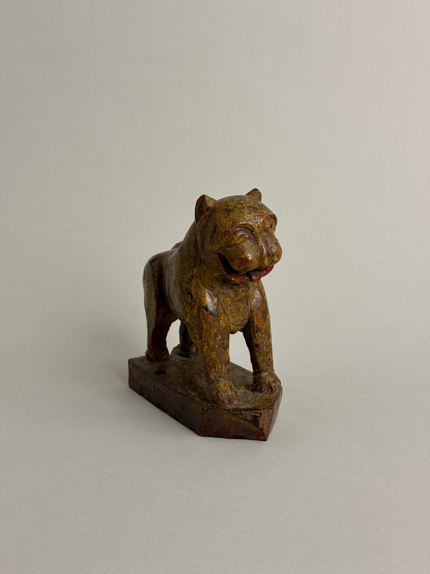 HAND CARVED PATINATED WOODEN LION OBJET