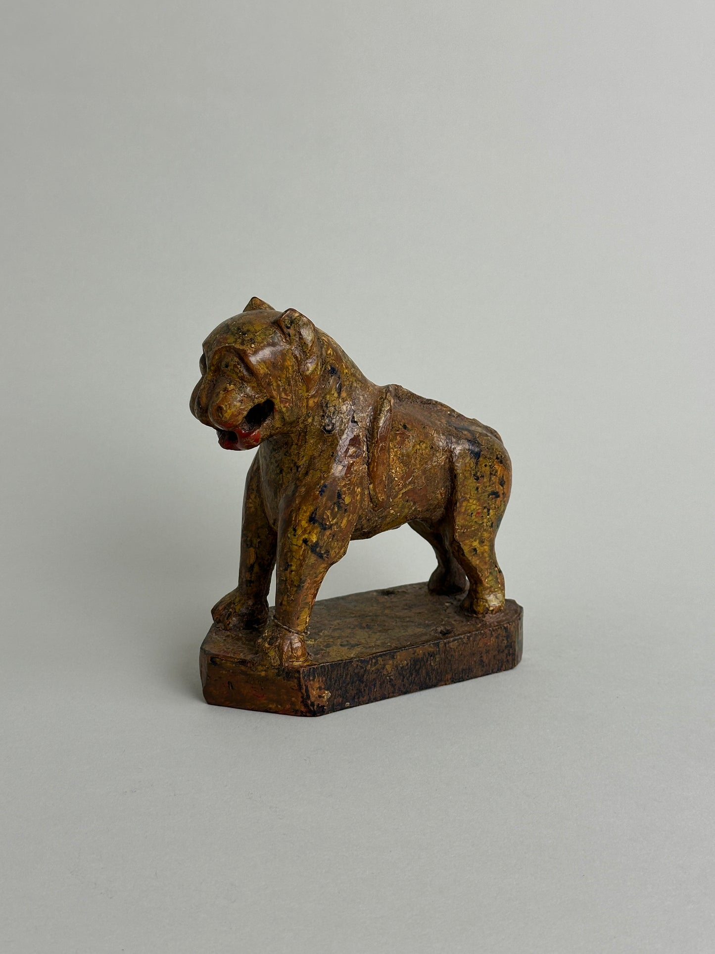 HAND CARVED PATINATED WOODEN LION OBJET