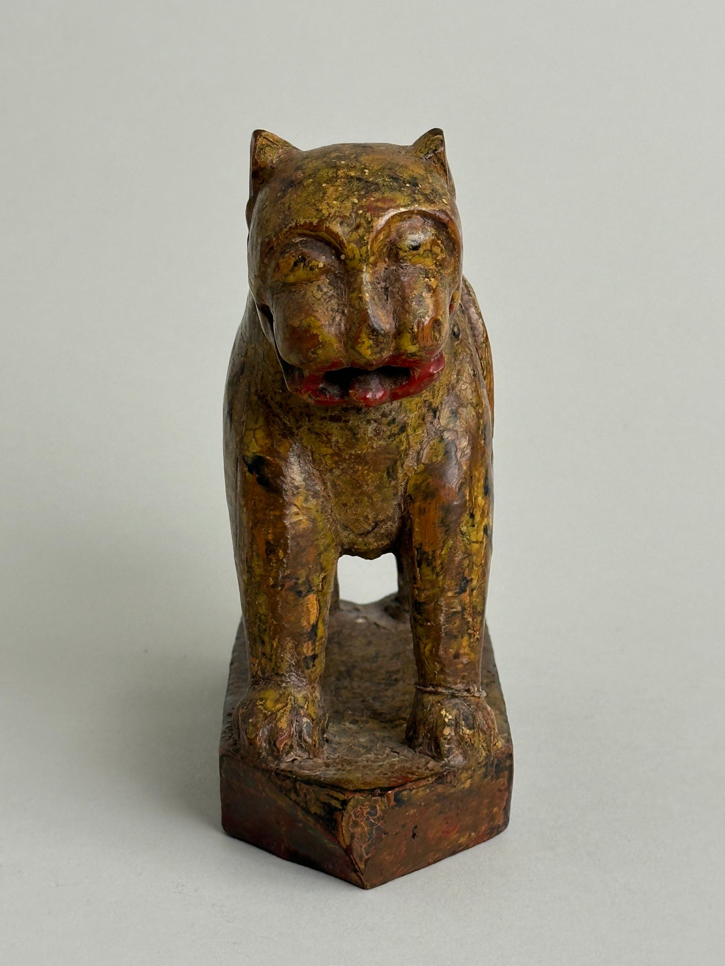 HAND CARVED PATINATED WOODEN LION OBJET