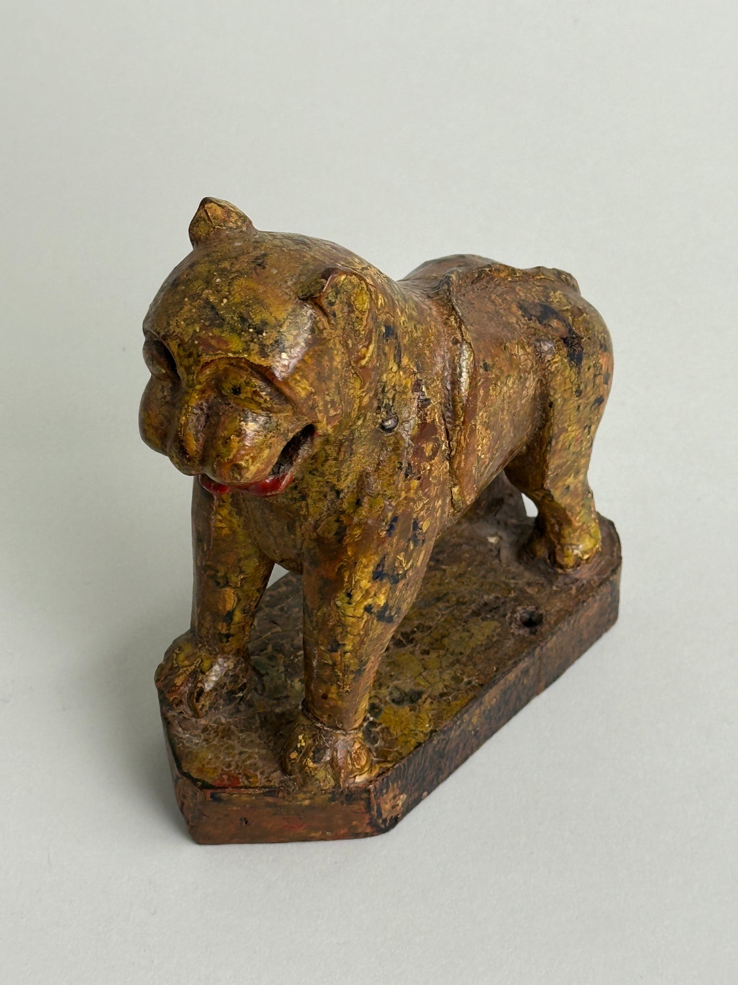 HAND CARVED PATINATED WOODEN LION OBJET