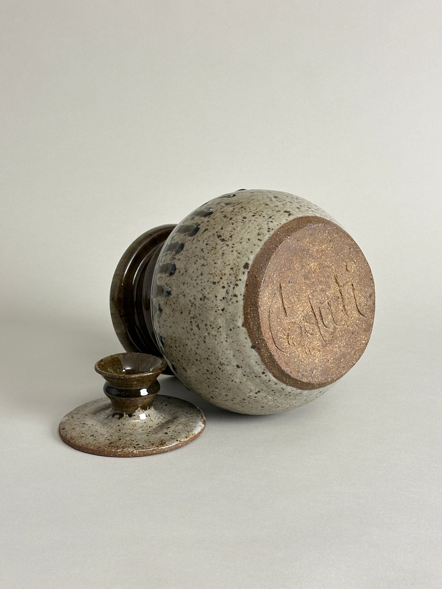 LIDDED STONEWARE JAR / CONTAINER - SIGNED "CODUTI"