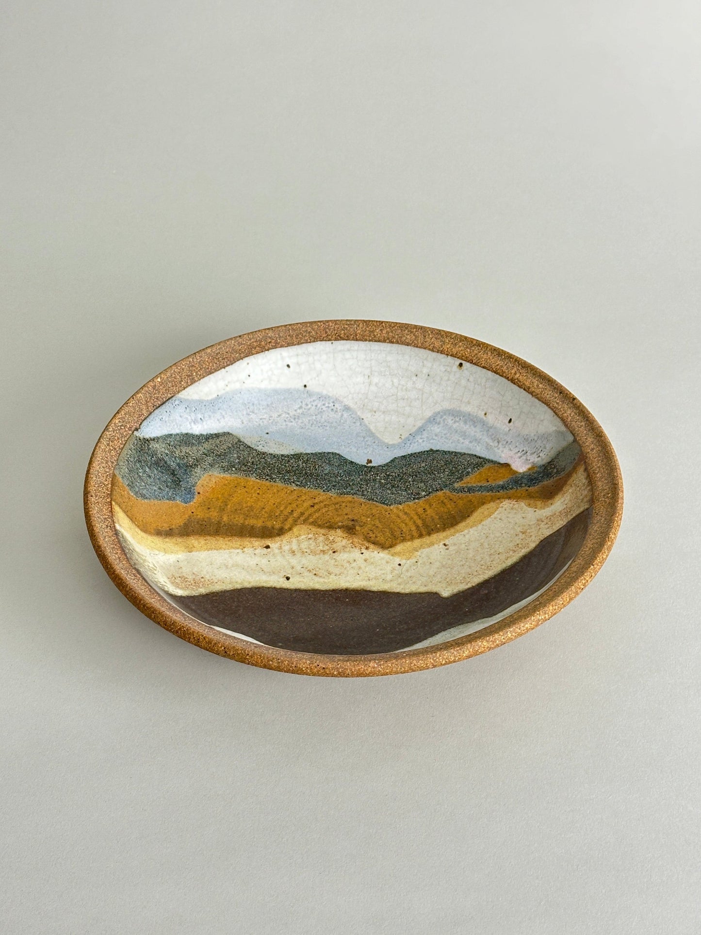 SCENIC LANDSCAPE LOW STONEWARE BOWL - MARKED HAZELTON JONES