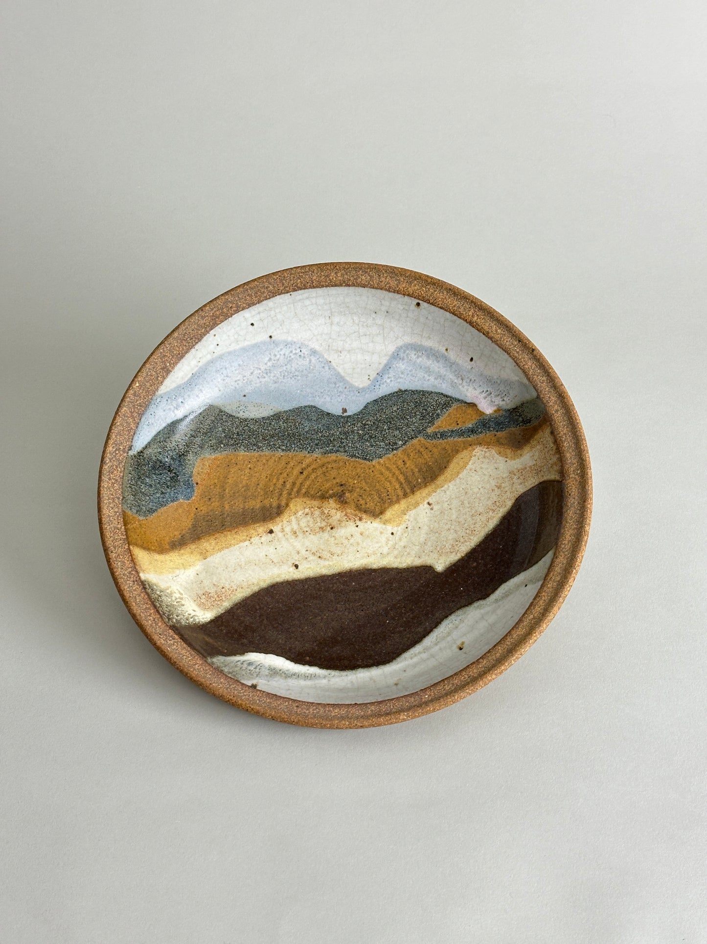 SCENIC LANDSCAPE LOW STONEWARE BOWL - MARKED HAZELTON JONES