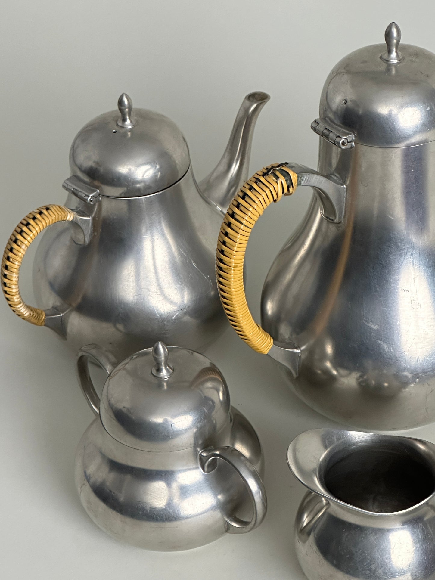 PEWTER MID CENTURY COFFEE, TEA, CREAMER, SUGAR SET